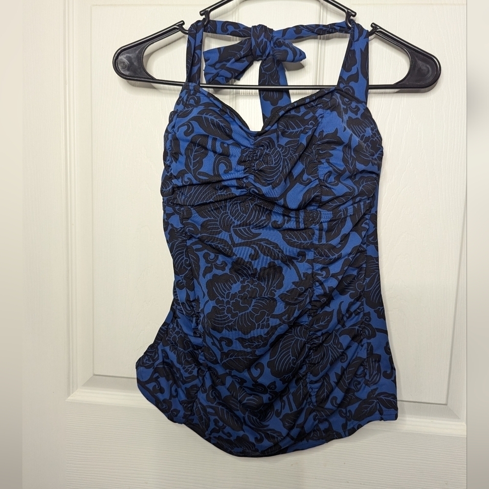 Lands End Tankini Top Ruched Black Blue Tank Top Swimsuit Size 8 Womens